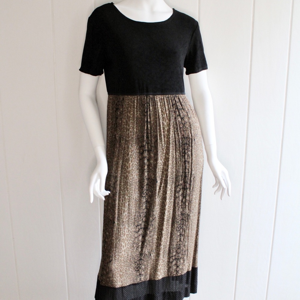 1990s Animal Print + Black Empire Waist Maxi Dress